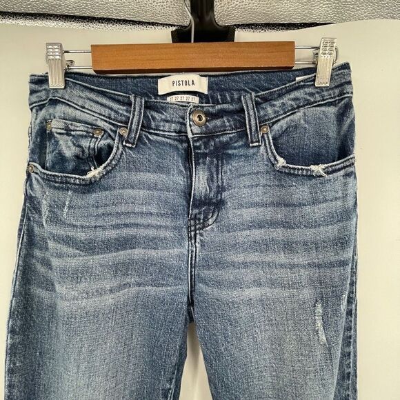 Pistola Blue Flannel Plaid Cuff Cropped Mid Rise Wash Jeans Size 27 - Picture 3 of 11